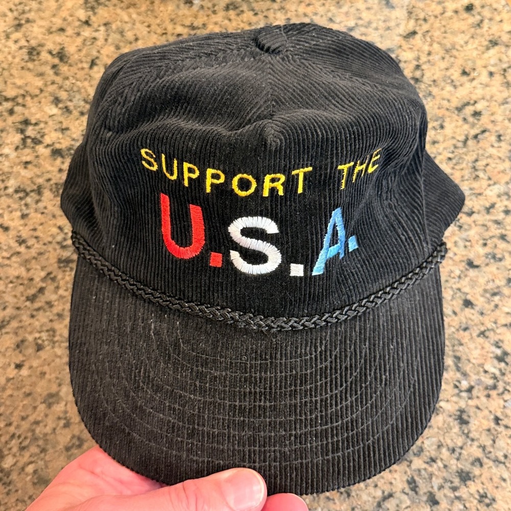 Vgt Support the USA Embroidered Corduroy Cap Black Zipper Strap Adjustable